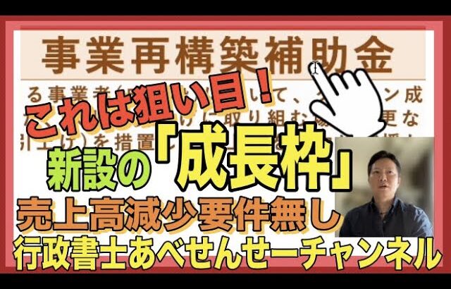 【補助金プロ解説】『事業再構築補助金』で新設される「成長枠」は売上高減少要件が撤廃され、より申請しやすくなる！　　行政書士あべせんせーチャンネル